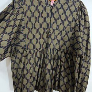 Oliphant Blue and Black Boxy Blouse with Mandarin Collar